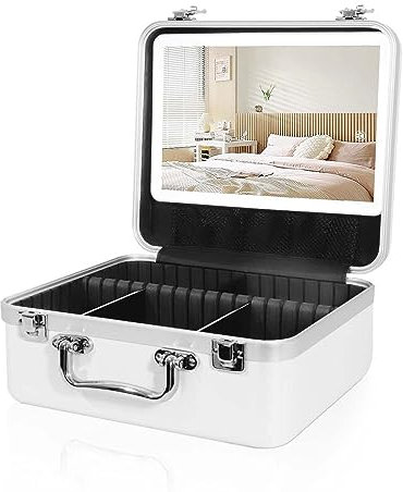 FENCHILIN Kosmetikkoffer Hartschale Schminkkoffer mit Spiegel und LED Licht Wasserdichter Makeup Organizer Koffer mit verstellbaren Trennwänden für Mädchen Damen Kosmetikkoffer für Reise Urlaub Weiß
