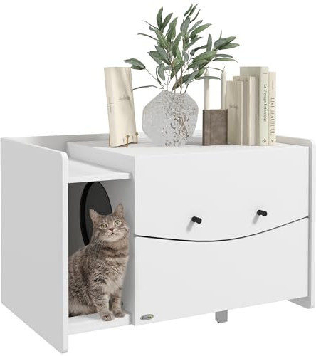 PawHut Katzentoilette, Katzentoilettenmöbel, Schiebefach, Beistelltisch für Haustiere, 2 Lüftungslöcher, Sandfluchtmatte, weiß