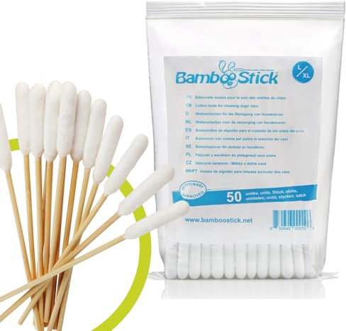 Bamboostick - 2 Packs mit 50 Wattestäbchen L/XL zur Reinigung der Ohren großer Hunde - Natürliches Produkt zur Pflege der Hundeohren - Einfache Anwendung - Entwickelt von einem französischen Tierarzt