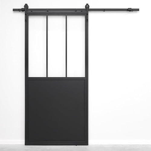 SEART Schiebetür mit Sprossen, gehärtetes Glas, pulverbeschichtet, Loft AREZZO mit Rollschiene OLD FREIM (transparentes Glas) 90x210 cm - kompletter Beschlagsatz