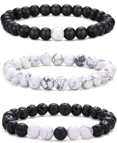 RANKEEF Perlenarmband Herren 8mm Naturstein Armbänder für Herren Perlenarmbänder Set Verschiedene schwarze Perlenarmbänder für Herren Verstellbare Stretch-Herrenarmbänder Lavasteinarmband