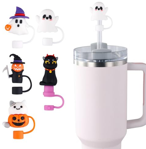 5pcs Halloween Straw Cover Cap, 3D Cute Holiday Fall Silicone Straw Toppers for 10mm Straws Ghost Pumpkin Straw Tip Lids for Stanley Cup 30/40oz Tumbler