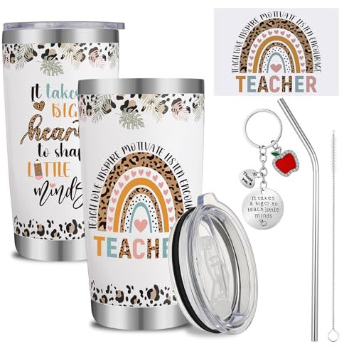 ViEinkaufen Teacher Gifts for Women Personalised Travel Mug 20 oz Insulated Teacher Tumbler Coffee Cup+Keychain+Greeting Card Birthday Thank You Teacher Gifts Appreciation Leaving Gifts