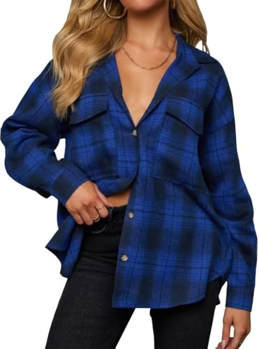 LACOZY Women's Button Down Flannel Shirts Plaid Long Sleeve Tops Blue L