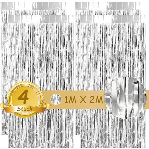 qingmeng 4 Stück Lametta Vorhang Silber, Glitzer Vorhang Folien Fransen Lametta Vorhäng Fransen Hintergrund Luftschlangen Dekoration für Geburtstagsdeko Party Happy Birthday Silvester Deko Hochzeit