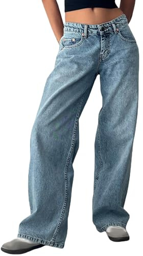 Onsoyours Jean Femme Taille Basse Coupe Droite Straight Jeans Y2K Baggy Jambes Larges Pantalon en Denim Automne Hiver Elastique Jeans A Bleu Clair XL
