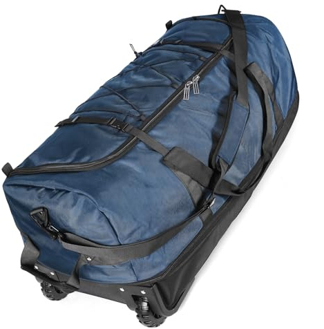 Vrtisa 110L Expandable to 140L 32” Foldable Oxford Soft-Sided Rolling Duffle Bag with 2 Heavy-Duty Wheels,2 Large Compartments,Adjustable Shoulder Strap and Attached Organizer Pouch,Navy Blue