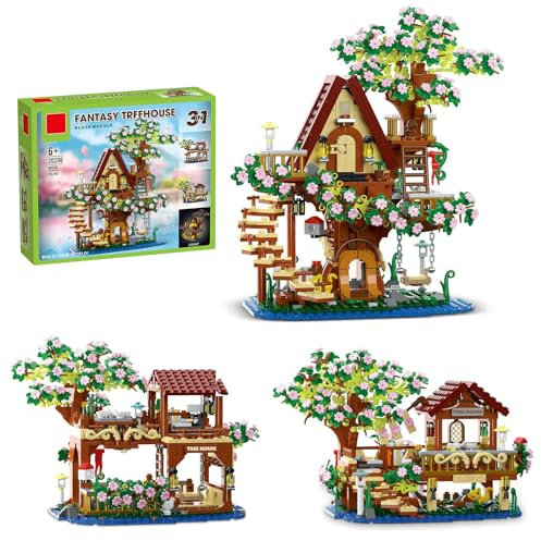 3 IN1 Cherry Blossom Treehouse Building Set, 959 PCS Sakura Courtyard Pavilion Building Blocks, City Architecure Contruction Bricks Toy for Adults Kids, Home Office Decor