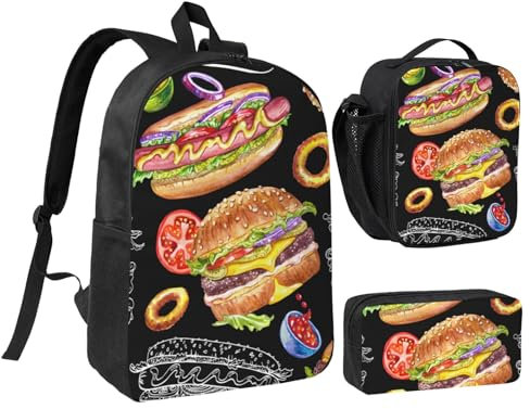 YXDVPALNE Burger auf schwarzem Hintergrund, Studenten Rucksack, Lunchtasche, Federmäppchen, 3-teiliges Set
