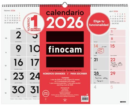 Finocam Wandkalender 2026, gemischter XL-Monatsansicht, Januar-Ansicht, Dezember 2026 (12 Monate), Kalender 2026 zum Notizen, neutraler Monatsplaner, Spanisch