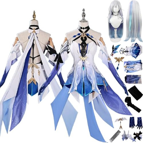 bbganlian Genshin Impact Skirk Neue Haut Cosplay Kostüm Outfit Spielcharakter Uniform Komplettes Set Halloween Karneval Party Dress Up Anzug mit Perücke Kopfschmuck für Frauen (M)