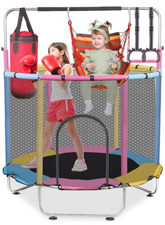 Dnkelar Trampolin Kinder, 140cm Kinder Trampolin Outdoor/Indoor, bis 200KG belastbar, mit Basketballkorb und Gehäuse, Geschenke für Jungen und Mädchen