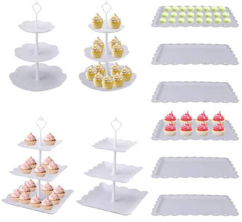 lasuroa 10 Teiliges Weißes Desserttisch Präsentationsständer Set aus Kunststoff, 4 Dreistöckige Cupcake Ständer Keks Präsentationsturm 6 Desserttabletts für Geburtstage Hochzeiten Babypartys Teepartys