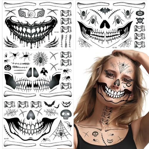 4 Blätter Halloween Tattoo Gesicht,Temporäre Halloween Tattoo Mund,Horror Gesicht Narben Aufkleber,Gruselig Schminke Gesichtstattoo Accessoires für Erwachsene Party Schminke