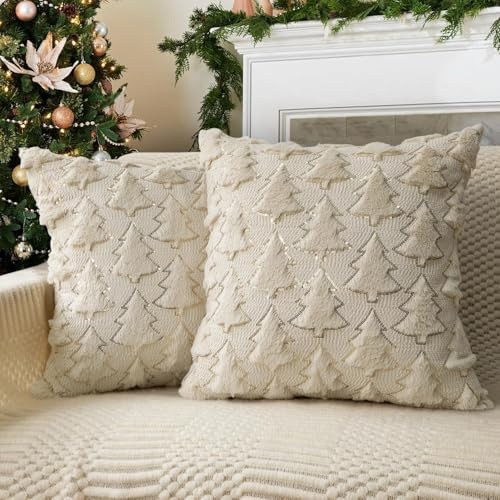 ALINK Kissenbezug Weihnachten 2 Stück, Weihnachtsdeko Kissenbezug 45x45 cm, Winter, für Aesthetic Zimmer Deko (Baum Weiß)