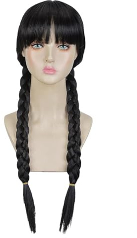 GXGM Perücke im Wednesday Addams Stil mit Pony und Doppelzöpfen, Schwarze Cosplay Perücke aus Synthetischen Fasern, Einstellbare Größe, Perfekt für Halloween, Cosplay, Mottopartys