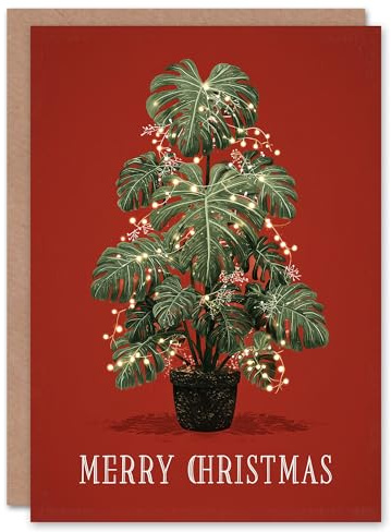 Artery8 Christmas Card Fairy Lights Decorated Monstera Plant Tree