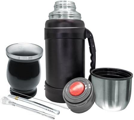 NERTHUS FIH 1596 - Kit de Mate con Vaso de Doble Pared de Acero Inoxidable de 250 ml + Dos Bombillas Pipas para Mate con cepillo limpiador + Termo Acero Inóxidable 1300 ML