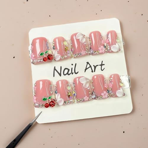 Duck Press On Nails Duck Handmade Press On Nails 3D Luxury Rhinestone Cherry And Pearl Acrylic Fake Nails Designs Flower Stick On Nails Full Cover Thickened False Nails For Women Nail Art Diy（M)