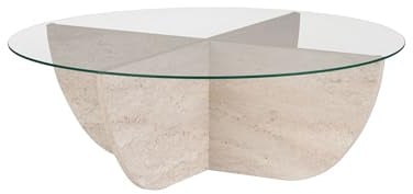 Stilvoller Couchtisch, 90 x 90 x 30 cm, Travertine-Farbe | 100% Sicherheitsglas-Tischplatte, 18 mm melaminbeschichteter Rahmen | perfekt für Moderne Wohnräume