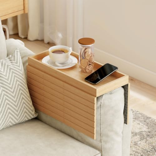 HOMCOM Bandeja de Brazo para Sofá de Bambú Plegable y Flexible Natural | Bandeja para Reposabrazos de Sofá, Base Antideslizante, Mesa Lateral para Aperitivos, Teléfonos, Mandos y Bebidas