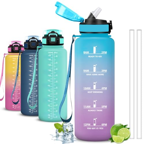 Mujigaga Trinkflasche 1 5 liter, Flasche mit strohhalm, Trinkflasche Sport mit Motivierendem Slogan, Auslaufsicher, Wasserflasche mit Zeitmarkierung, Wasserflasche für Running, Wandern, Camping