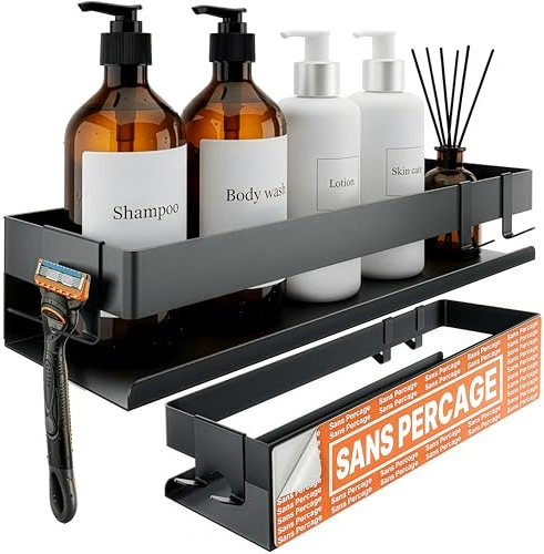 Minismus etagere douche sans percage, avec crochets mobiles et barre de securite, pour accessoires de salle de bain, adhesif ou a visser, etagere salle de bain durable, porte savon douche étagère