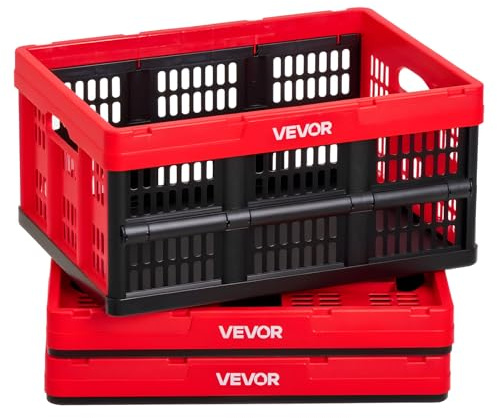 VEVOR Plastic Collapsible Storage Bins, 32L 3 Packs, Stackable Folding Storage Crates with Handles, Holds 26 lbs Per Bin, Foldable Heavy Duty Containers, Space-Saving Baskets, for Home Organizing
