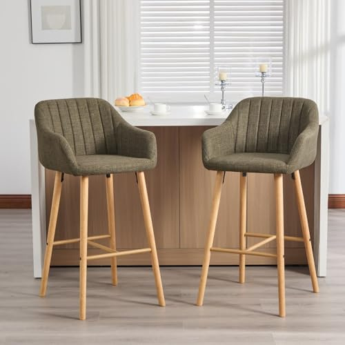 KOMHTOM Lot de 2 Tabourets de Bar 75 cm, Tissu Lin, Chaises Hautes avec Accoudoirs, Dossier Haut Confortable, Nordique Modern, Repose Pieds, Chaise de Bar pour Cuisine Salon (Vert)
