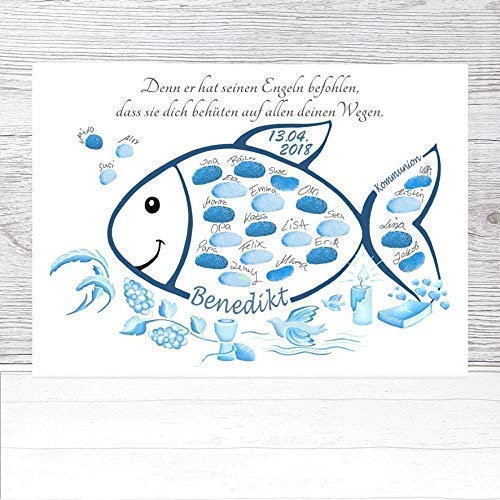 Kommunion Geschenk personalisiert, Kommunion Fisch Fingerabdruck Gästebuch Alternative, Konfirmation Junge und Mädchen