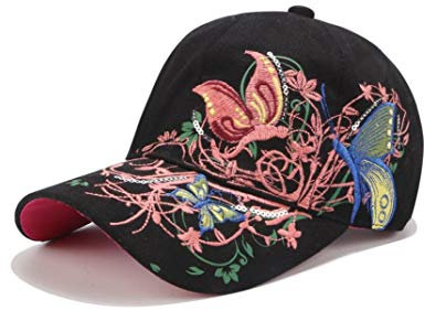 XibeiTrade Damen Baseball Cap Dame Schmetterling Blume Stickerei Design Mode Hut Verstellbar Atmungsaktiv, Schwarz , M