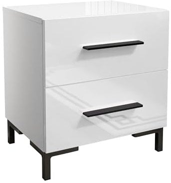 lukmebel Nachttisch LINA II mit Füßen 55x52x37 cm- LED Beleuchtung - Nachtkästchen - Weiß Hochglanz - Griffe - Nachtschrank - Beistelltisch mit Schublade - Schlafzimmerschrank