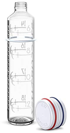 Zeiteinteilung Uhrzeit Glasflasche 1000 ml 1 l Trinkflasche mit Zeitmarkierung Trinkerinnerung, Kohensäure geeignet, BPA frei, auslaufsicher, bruchsicher, NAVIGATOR, Weiß, Zeitbuddels
