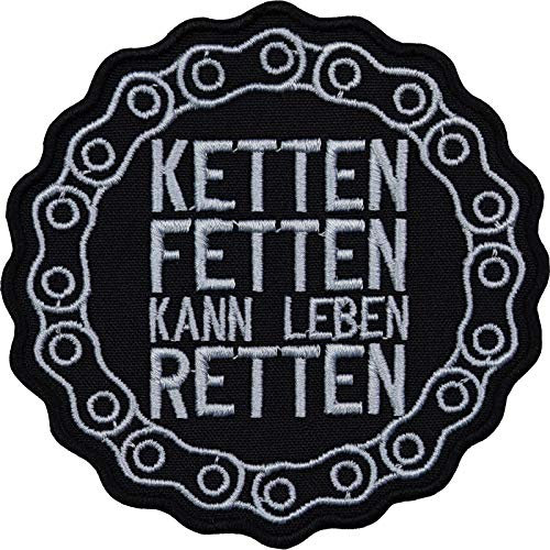Motorrad Aufnäher KETTEN FETTEN KANN LEBEN RETTEN Biker Aufbügler/Patch/Flicken zum annähen/aufbügeln | Mechaniker Bügelbild Applikation für Motorradzubehör | 88x88mm