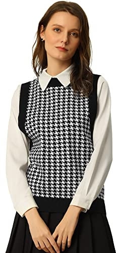Allegra K Pull col Rond sans Manches pour Femme en Tricot à Carreaux Pied-de-Poule Noir M