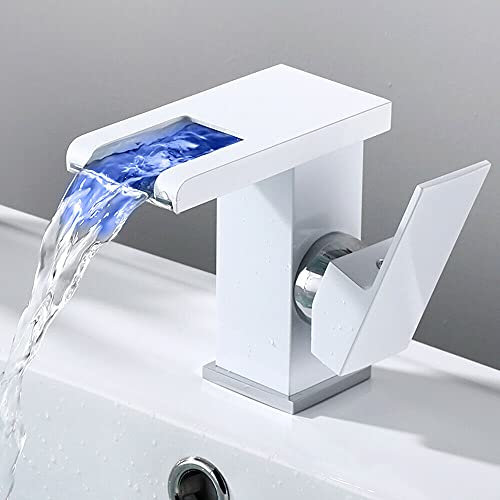 LED Wasserhahn, Weiß Wasserfall Waschtischarmatur mit RGB 3 Farbewechsel Beleuchtung Bad Armatur Glas Wasserfall Auslauf Waschbeckenarmatur für Badezimmer