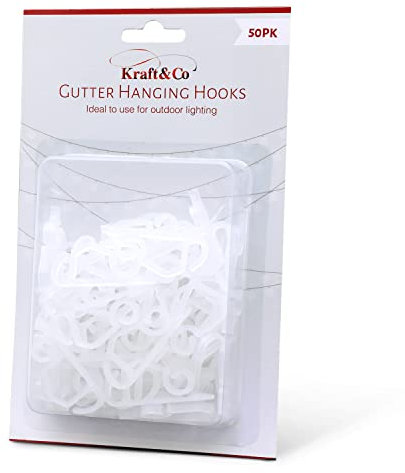 Kraft & Co 50 Gutter Hooks – Outdoor Hanging Clips for Lighting | Perfect for Garden String Lights, Christmas Fairy Lights | Strong Plastic Mini Guttering Hooks for Decorations (White)