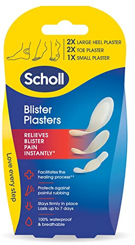 Scholl Blister Plaster Mixed Pack, 5 Count - Advanced Hydrocolloid Technology for Rapid Healing, Includes 2 Heel, 2 Toe, and 1 Small Plaster for Comprehensive Blister Relief