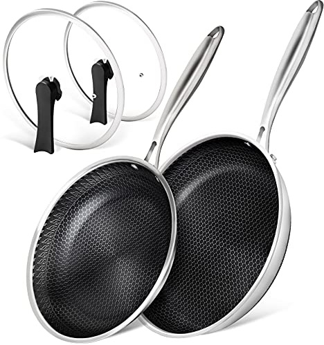 MICHELANGELO Stainless Steel Honeycomb Frying Pan Set 20 26cm | Hexagonal Honeycomb Surface, Glass Lid, Induction Compatible, Ideal For Frying Searing And Everyday Family Meals