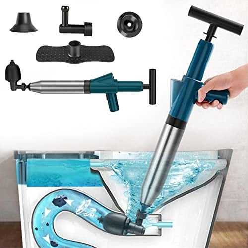 WCIC Déboucheur WC 5-en-1 à Air Comprimé | Ventouse Haute Pression pour Toilette/Lavabo/Baignoire | Anti-Bouchons Cheveux/Papier | Kit Pro avec Spirale (Bleu)