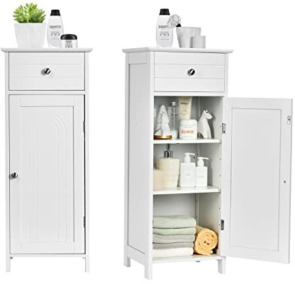 GIANTEX Badezimmerschrank Badschrank mit Schublade & 3 Einlegeböden, Bodenschrank Toilettenschrank kompakt und platzsparend, Standschrank Midischrank bodenstehend, Badkommode 35,5x30,5x88 cm (Weiß)