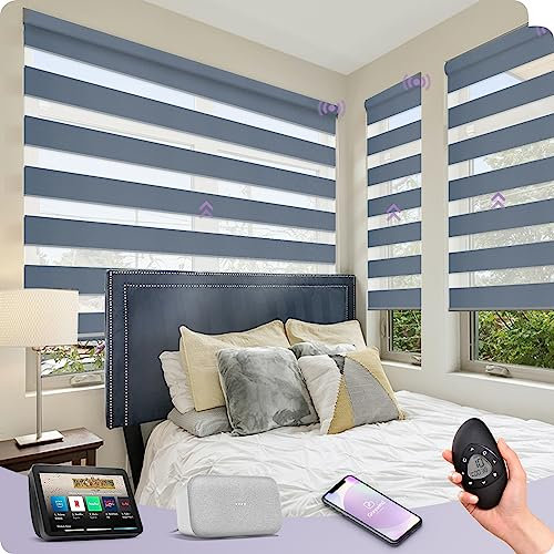 Graywind Rechargeable Smart Zebra Blinds - Customized Dual Layer Electric Day Night Shades Compatible With Alexa Google - Privacy Protection Motorized Window Covering for Smart Home - Luxury Blue Grey