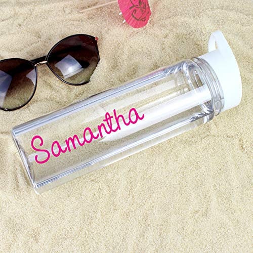 Personalised Pink Name Island Inspired Clear Water Drinks Bottle with straw BPA Free Ideal for Kids, Teachers, Work, School, Cycling,Gym, Camping