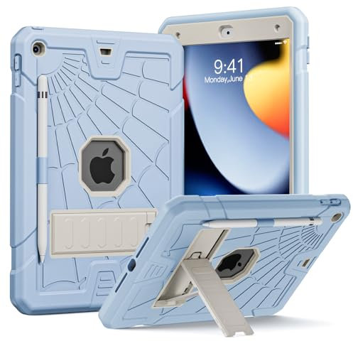 Herize Coque pour iPad 10.2 9ème/8ème/7ème Génération avec Porte-Stylo | Coque iPad 10.2 2021/2020/2019 pour Enfants | Coque Rigide Antichoc avec Support pour iPad 9/8/7 - Bleu & Blanc