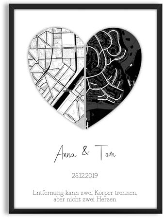 Geschenk Geteiltes Herz Hochzeit Bild personalisiert mit Landkarten und Namen | schwarz weiss | Fernbeziehung | Herz-Kunst für Paare, Mann & Frau | Geschenkideen