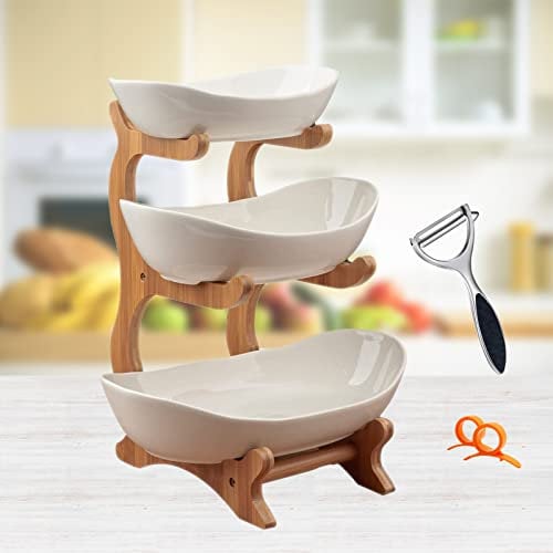 AOOGON Frutero de 3 Pisos Cerámica, Cesta de Frutas de Bambú Cocina Mostrador y Organizador para Verduras y Frutas, Soporte de Frutas con Cuencos