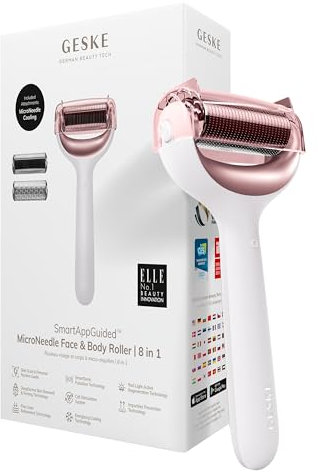 GESKE | SmartAppGuided™ MicroNeedle Face & Body Roller | 8 in 1 | Derma Roller | Elektrisches Microneedling | Nadelroller | Needleroller | Beauty Roller für Gesicht und Körper | kühlender Aufsatz