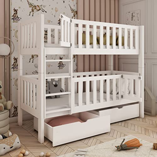 Hochbett 80x180 mit Zwei Matratzen und schließbarem Rausfallschutz Etagenbett Kinderbett mit Sicherheitstüren, Zwei Schubladen, Lattenrost, umbaubar in 2 Einzelbetten, Vollholz massiv in Weiss