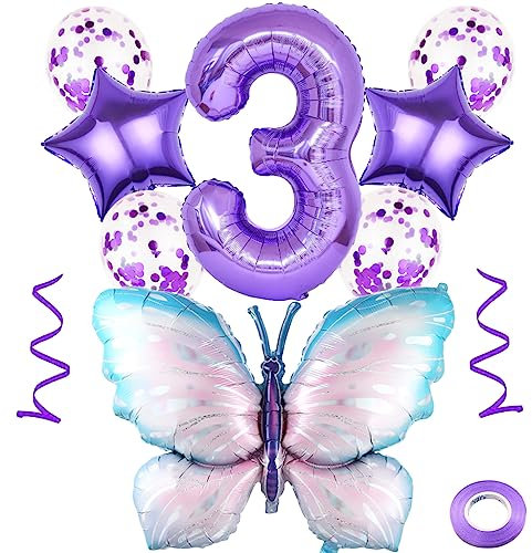 Weenkeey 3 Jahre Schmetterling Geburtstag Deko Große Bunt Schmetterling Folienballon 3. Geburtstag Schmetterling Luftballon Lila Zahl 3 Luftballon für Mädchen Geburtstag Party