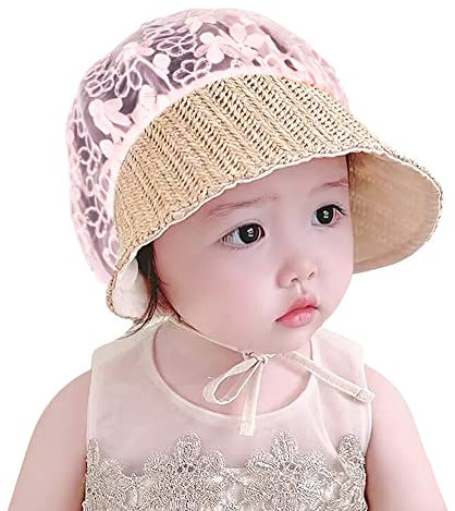 Strohhut Sommer Baby Sonnenhut Breite Krempe UV Strohmütze mit Spitze Atmungsaktiv Strandhut Ohrenschutz Kinnband Strohsonnenhut Dünn Klappbar Sonnenmütze Retro Sommerhut Mädchen 2-18 Monate Rosa